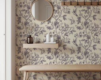 Vintage Botanical Bird Wallpaper Neutral Peel and Stick or Traditional Wall Decor
