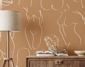 Terracotta Line Art Wallpaper Feminine Boho Peel and Stick or Traditional Wall Decor