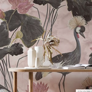 Bold Crowned Cranes Peel and Stick Wallpaper Nursery Decor Traditional Prepasted Bedroom Wall Decor Neutral Personalized Size Wall #284