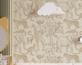 Beige Safari Wallpaper Peel & Stick Animal Mural Neutral Nursery Wall Decor Traditional Prepasted Wallpaper Wildlife Wallpaper #238