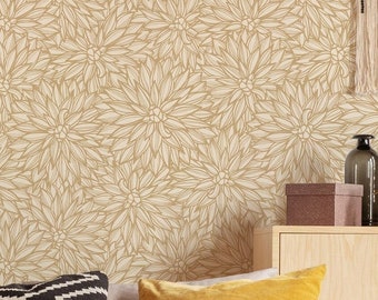 Floral Line Art Custom Color Peel and Stick or Traditional Wallpaper