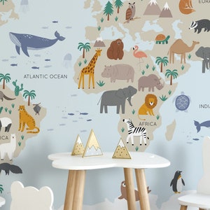 Animal World Map Wall Mural, Peel and Stick Removable Repositionable Wall Mural, Traditional or Pre-pasted Wallpaper — Moose Accents #M002