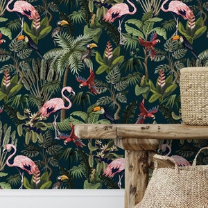 Flamingos In the Green Wallpaper, Peel and Stick Removable Repositionable, Traditional or Prepasted Wallpaper Mural — Moose Accents #100
