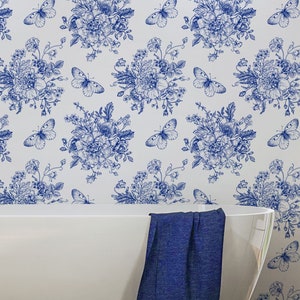 Blue Butterfly Peel and Stick Wallpaper Custom Bedroom Decor Traditional Prepasted Wall Decor Flowers Design Personalized Size Colour  #310