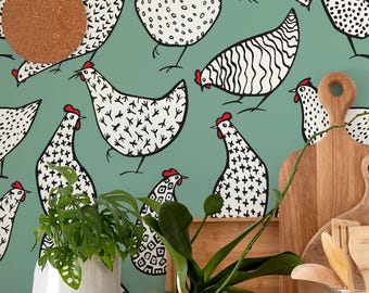 Chicken Wallpaper Farmhouse Kitchen Rustic Peel and Stick or Traditional Wall Decor