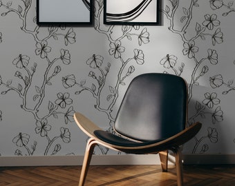Botanical Line Art Floral Custom Color Peel and Stick or Traditional Wallpaper