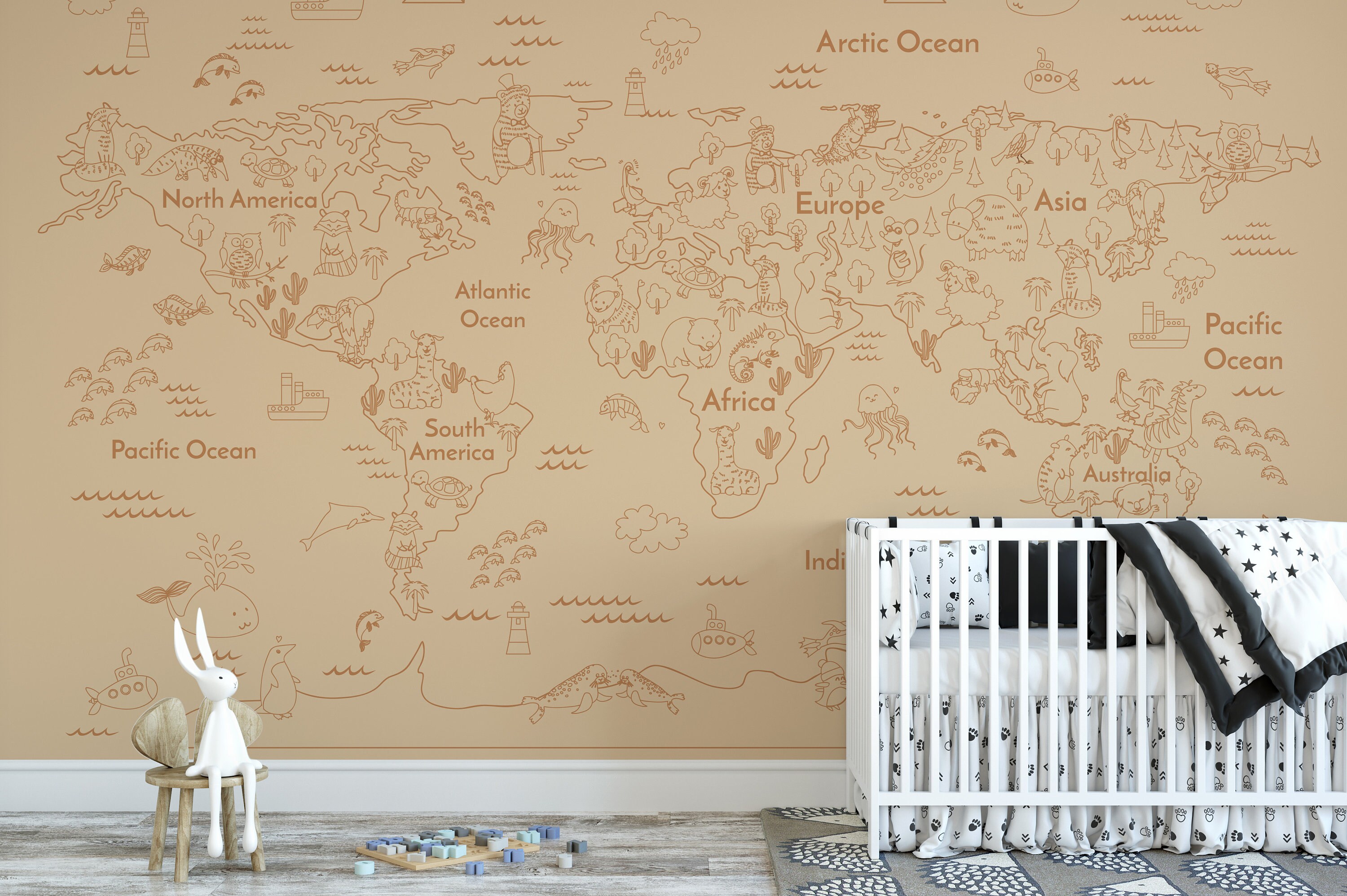 Kids World Map Peel and Stick Mural Wallpaper Animals Wall Decor ...