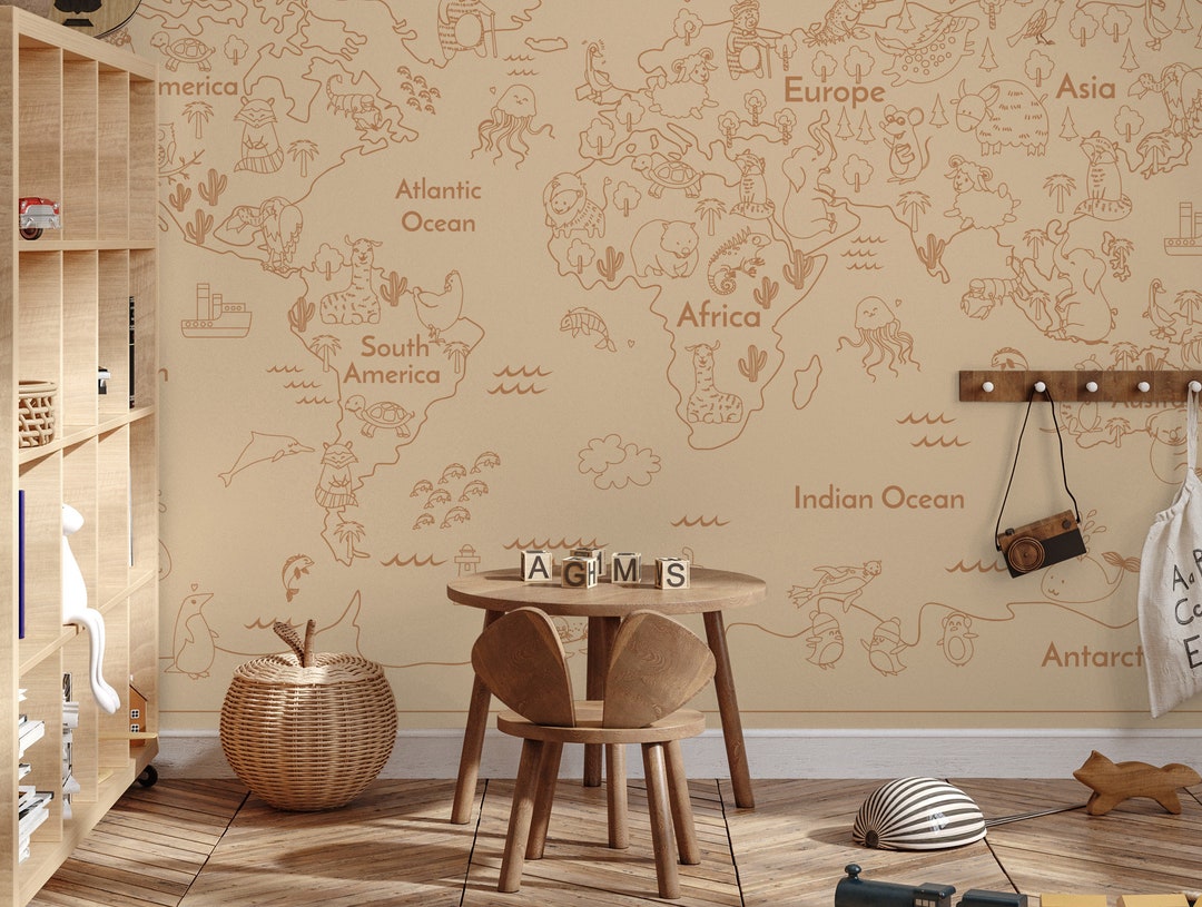 Kids World Map Peel and Stick Mural Wallpaper Animals Wall Decor ...