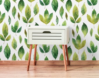 Green Watercolor Leaves Botanical Peel and Stick or Traditional Wallpaper