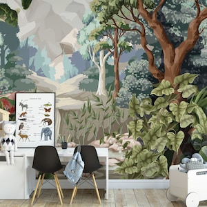 Jungle Wall Peel and Stick Mural Wallpaper Natural Jungle Wall Decor Bedroom Wall Decor Custom Design Traditional Wallpaper Prepasted #M015