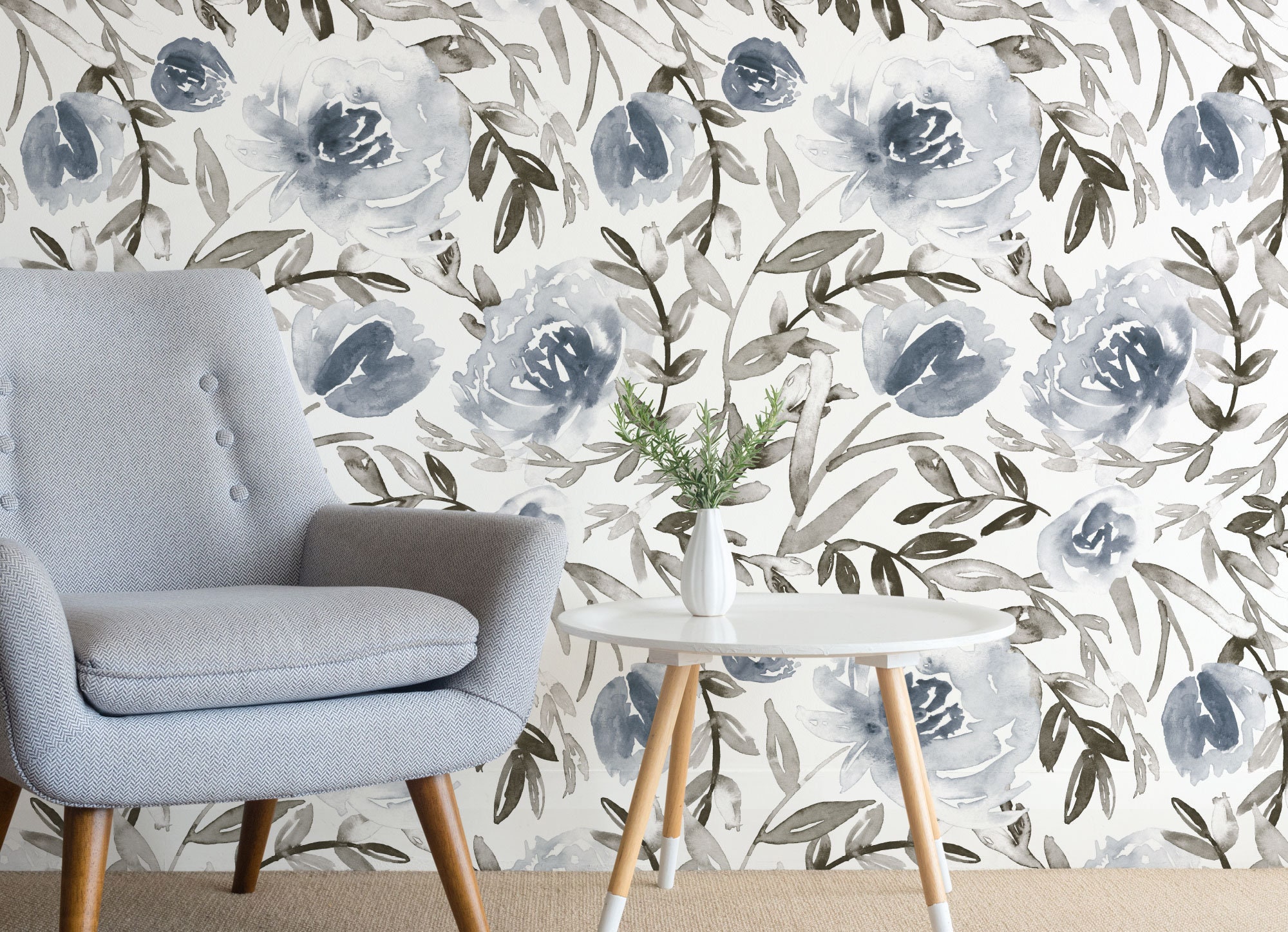 Blue Gray Flowers Wallpaper Accent Wall Floral Wallpaper Etsy