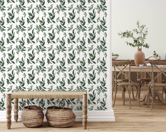 Watercolor Green Leaf Botanical Peel and Stick or Traditional Wallpaper