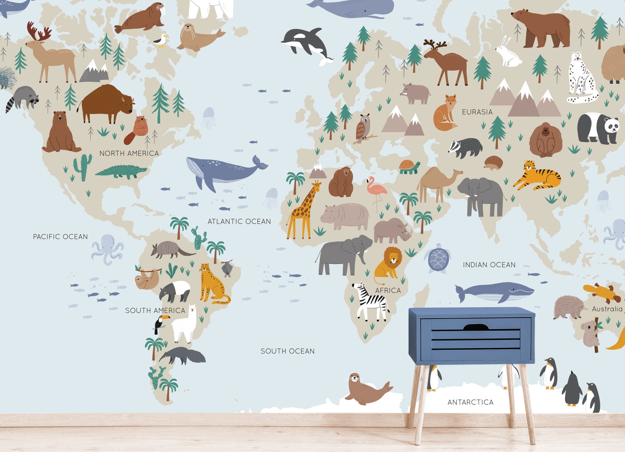Animal World Map Wall Mural Peel and Stick Accent Wall M002 Etsy Canada