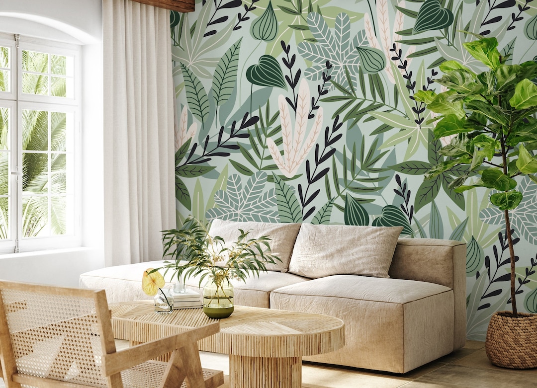 Exotic Leaves Peel and Stick Mural Wallpaper Flowers Wall Decor Bedroom ...