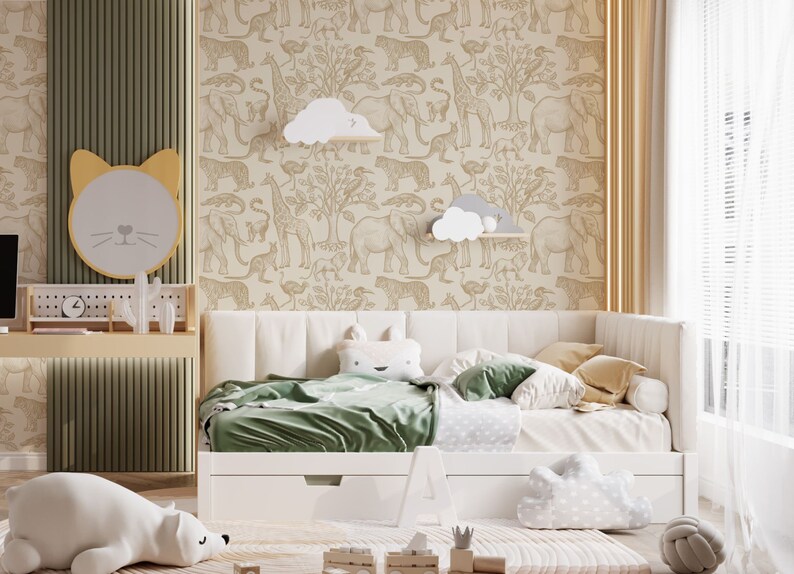Create a whimsical nursery with our beige safari animals peel and stick wallpaper. Easy to install and remove, eco-friendly, and perfect for adding charm to your childs room. Ideal for nurseries and kids spaces.