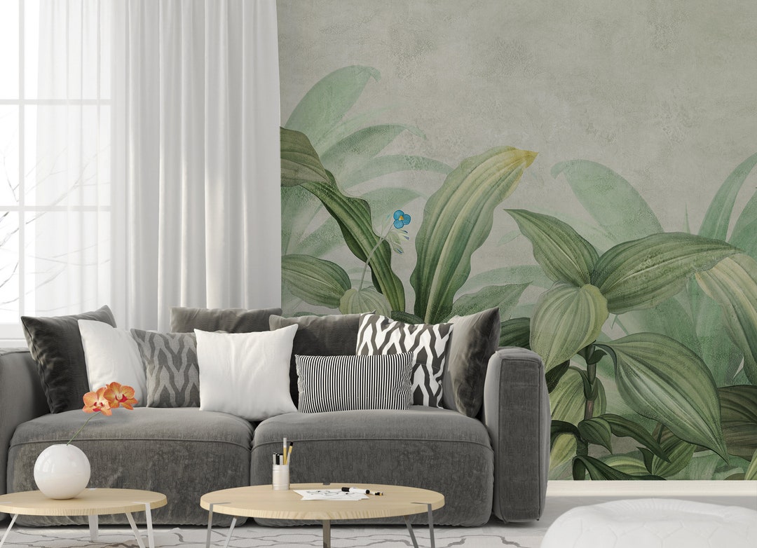 Tropical Plants Peel and Stick Mural Wallpaper Leaves Wall Decor ...