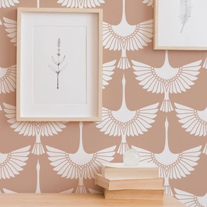 Pale Terracotta Elegant Cranes, Peel and Stick Removable Repositionable, Traditional or Prepasted Wallpaper Mural — Moose Accents #025