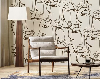 Abstract Line Faces Custom Color Wallpaper Modern Minimalist Art