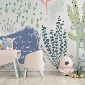 Peut inclure: Une chambre d'enfant fantaisiste avec une table et des chaises rose clair aux pieds bleus. Le fond est une fresque murale colorée avec des motifs floraux et abstraits. Un ours en peluche et d'autres jouets sont également présents.