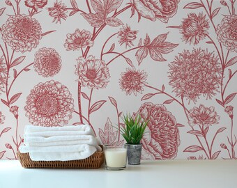 Vintage Botanical Line Floral Color Custom Peel and Stick or Traditional Wallpaper