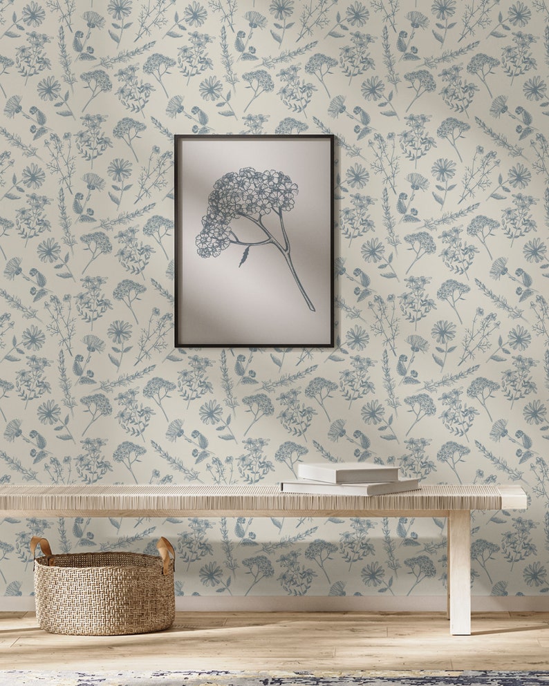 Antique Blue Meadowfield Wallpaper, Peel and Stick Removable Repositionable, Traditional or Prepasted Wallpaper Mural — Moose Accents