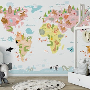 May include: A colourful world map mural with illustrated animals and continents. The map features North America, South America, Africa, Europe, Asia, and Australia, with oceans labelled. The mural is in a child's bedroom, with a toy elephant and a house-shaped shelf.