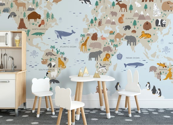 Animal World Map Wall Mural Peel and Stick Accent Wall M002 - Etsy Animal World Map Wall Mural Peel and Stick Accent Wall M002 - Etsy