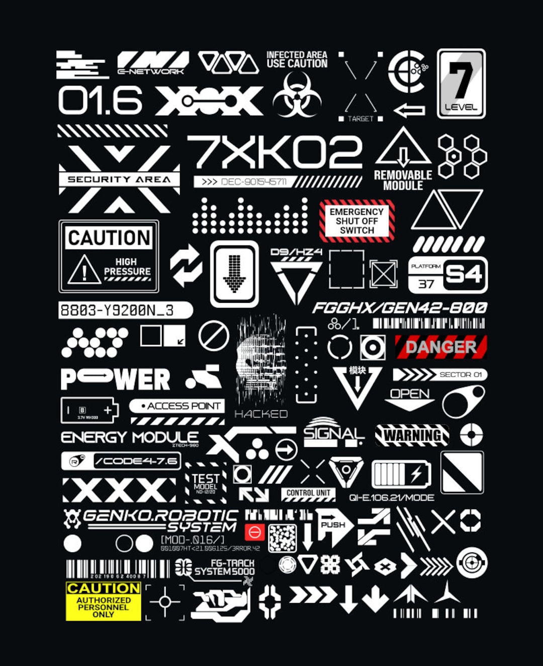 100 Decal Elements & Cyberpunk Assets Icons Logos Editable - Etsy