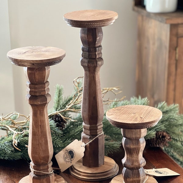 Set of 3 Wood Pillar Candle Holders, Rustic candle holders, wood candlesticks, pillar candles, farmhouse candle holders, large candle holder