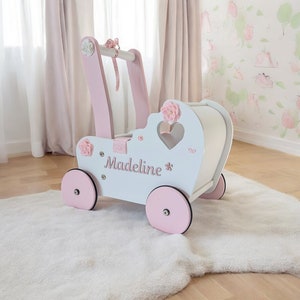 babypopwandelwagen, kinderwagen voor 1e verjaardag, houten duwspeelgoed, wagen, duwspeelgoed, gepersonaliseerd cadeau voor kleine meisjes, poppenwagen, koets