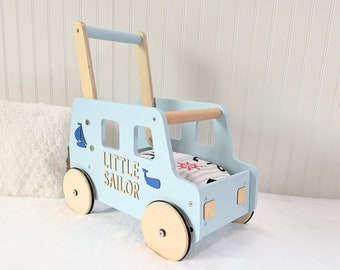 push walker, baby walker, blue truck, stroller for boys, push wagon, cart, nautical, 1st birthday, shower gift, wood car, pram, baby boy