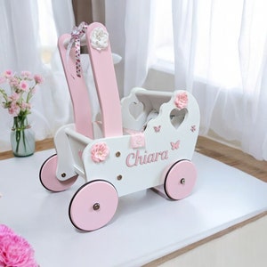 Ręcznie robiony chodzik dla maluchów, drewniany wózek dla lalek, wózek dla lalek, buggy z lat 20. XX wieku, chodzik do nauki jazdy dla dzieci, zabawka do pchania z wiaderkiem, zabawka do pchania