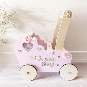 loopstoeltje, poppenbuggy, poppenwagen voor peuters, 1e verjaardag meisje speelgoed, poppenwagen met naam, houten kinderwagen, duwwagen, kinderdagverblijf