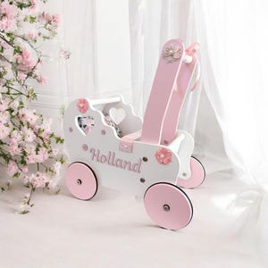 loopstoeltje, kinderwagen voor 1e verjaardag, houten duwspeelgoed, kinderwagen, 12 maanden, gepersonaliseerd cadeau voor kleine meisjes, poppenbuggy met beddengoed