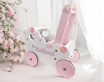 Personalisierter hölzerner Puppenkinderwagen: Lauflernwagen, 1.Geburtstagsgeschenk