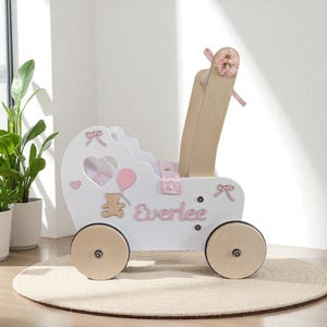 木製の人形用ベビーカー、押し車、ベビーウォーカー、押しおもちゃ、テディベアの装飾、12ヶ月の赤ちゃん用おもちゃ、1歳の誕生日、ボヘミアン風の保育園、カート、ワゴン