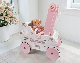 Personalized Wooden Doll Stroller: Baby Walker, 1st Birthday Gift