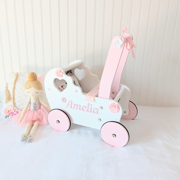 Pram, Baby toy 12 months, doll stroller, wooden wagon, carriage for baby dolls, personalized with name and nursery theme, Montessori gifts