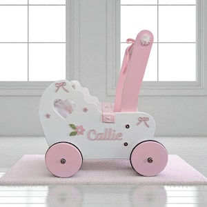 リボンと花柄の人形用ベビーカー、人形用ベビーカー、ベビーウォーカー、人形用バギー、赤ちゃん用押し車、1歳児用おもちゃ、1歳の誕生日、幼児向けギフト、カート