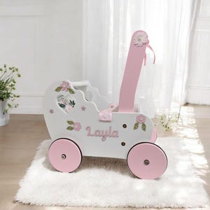 carrinho de bebê floral, carrinho de bebê para 1º aniversário, brinquedo de empurrar de madeira, carrinho de boneca com roupa de cama, carrinho de empurrar, carrinho para brinquedos, andador de bebê