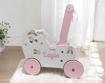 floral baby doll carriage, stroller for 1st birthday, wooden push toy,  doll buggy with bedding, push cart, wagon for toys, baby walker