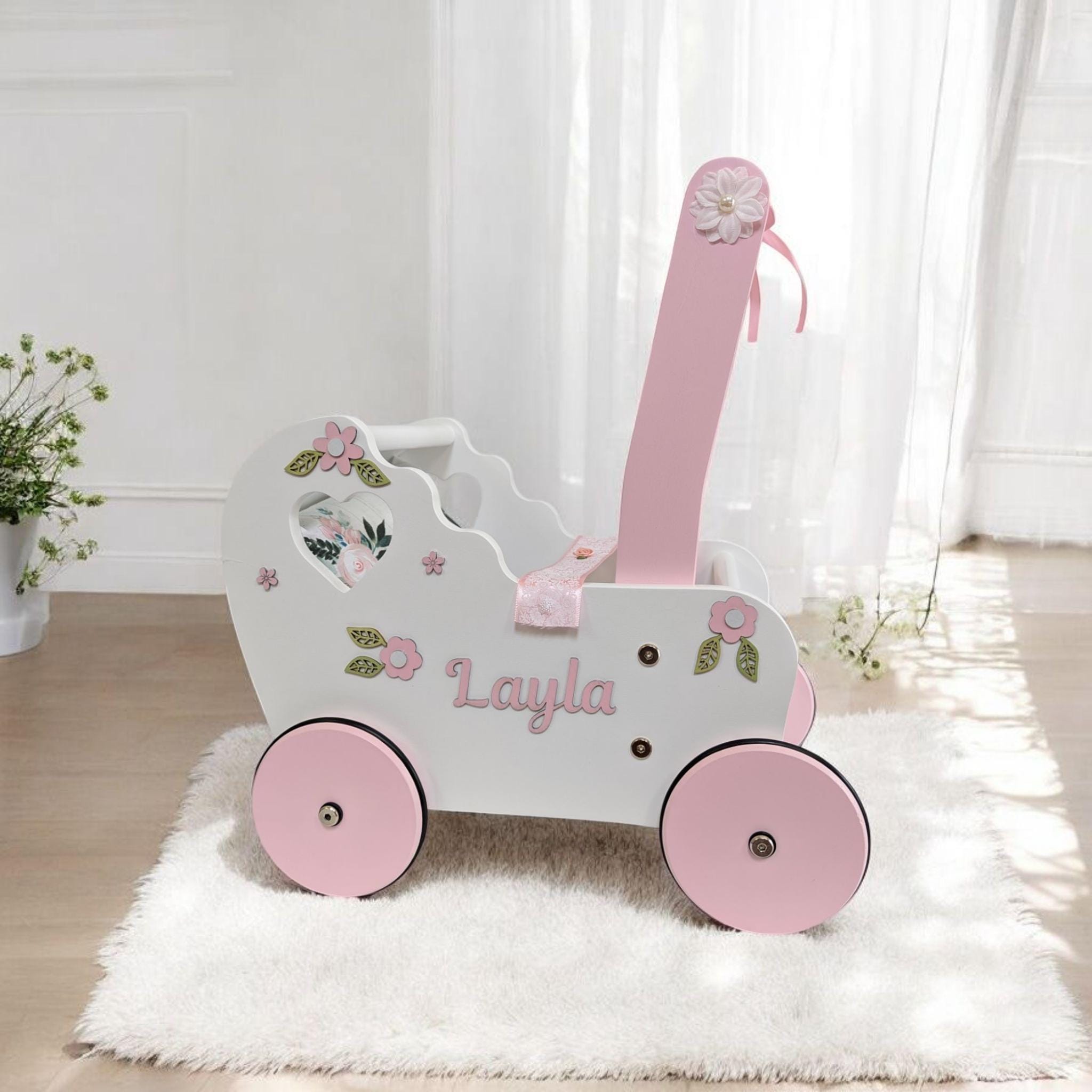 floral baby doll carriage, stroller for 1st birthday, wooden push toy, doll buggy with bedding, push cart, wagon for toys, baby walker