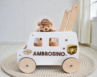 Personalized Wooden Delivery Truck Baby Walker, UPS Inspired Push Toy, First Birthday Gift