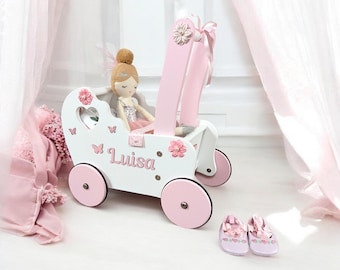 Personalized Wooden Doll Stroller: Baby Learning Walker, Floral Bedding