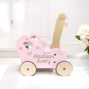 Babypoppenwagen voor poppen, kinderwagen, duwspeelgoed, loopstoeltje 12 maanden, eenjarig speelgoedmeisje, poppendrager met naam, roze poppenbuggy