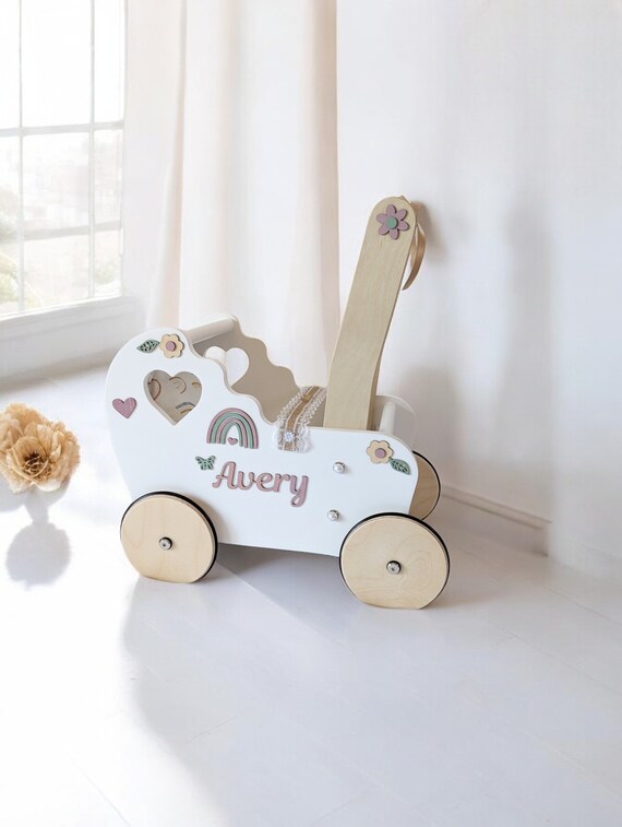 Passeggino Per Bambole In Legno Grigio Crema – Girello Primo Passo Per Bambini 1 Anno+