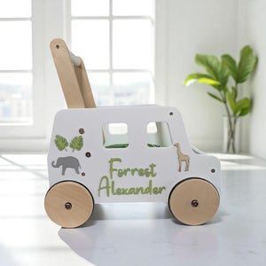 Safari push cart, wooden truck with jungle animals, stroller for boys, baby walker, wooden toys, safari 1st birthday, push wagon for toys