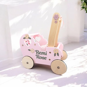 Loopstoeltje, duwspeelgoed voor 1e verjaardag, poppenwagen met beddengoed, poppenbuggy, houten kinderwagen, duwspeelgoed, eenjarig speelgoedmeisje, wagen