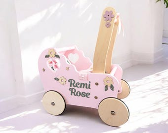Personalisierter hölzerner Puppenkinderwagen: Lauflernwagen, 1.Geburtstagsgeschenk