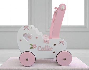 bow doll stroller, wooden wagon, carriage for baby dolls, push wagon for toys, 1st birthday girl gift, doll buggy, push cart, trolley